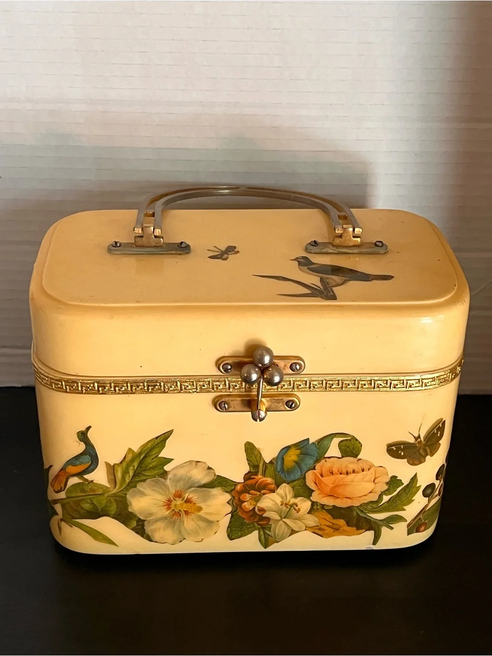 Vintage Cream Floral Vanity Bag with Gold Accents